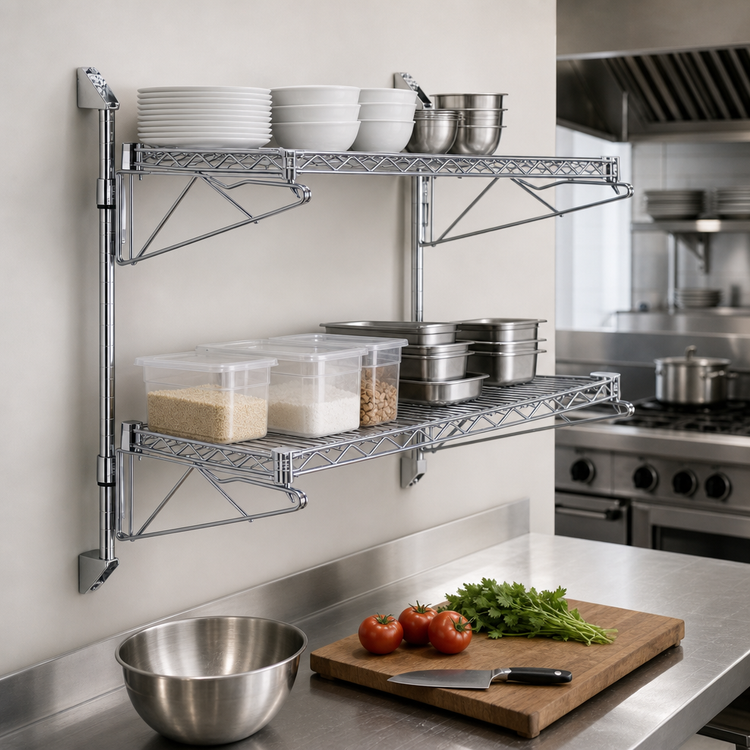 Product image #3 for Quantum Cantilever Double Shelf Wall-Mount Wire Shelving Unit, 54" x 14", Chrome