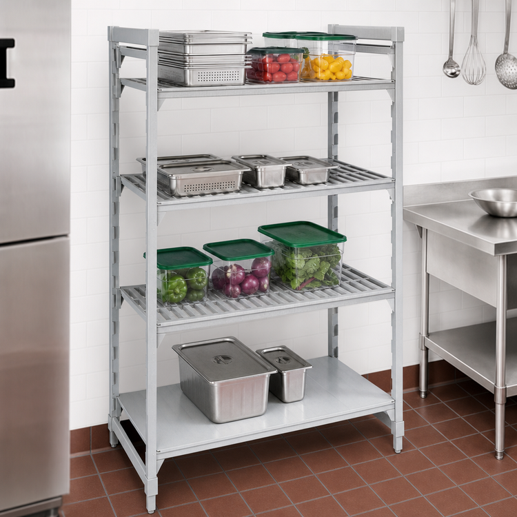 Product image #4 for Cambro Camshelving Premium 24" x 21" x 72" Stationary Starter Polymer Shelving Unit, 4-Tier, 3 Vented + 1 Solid