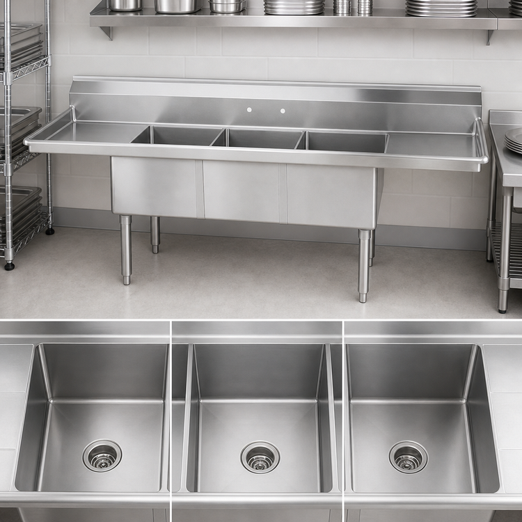 Product image #3 for Advance Tabco Special Value Series 3-Compartment Fabricated Sink with Left & Right Drainboards, 15 x 15 x 12-Inch Bowls