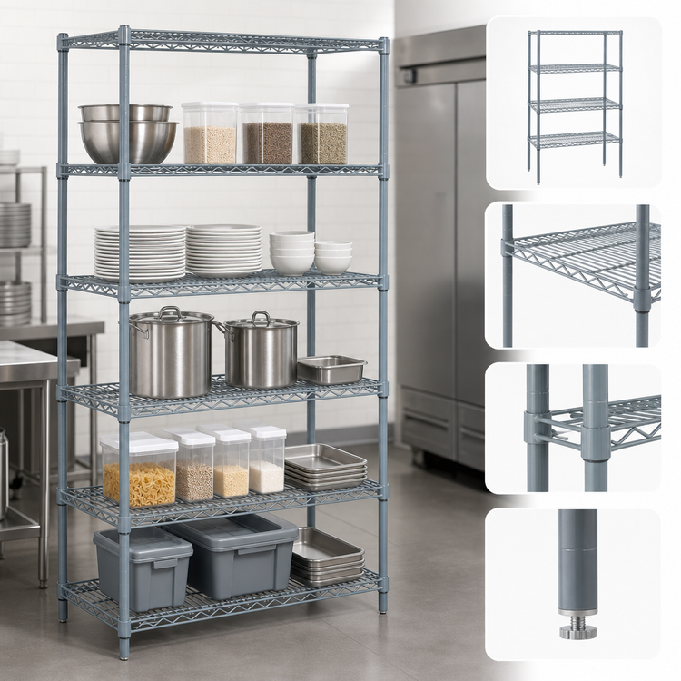 Product image #4 for Quantum Stationary Wire Shelving Starter Kit, 30 x 18 x 86 Inches, 5-Shelf, Gray Epoxy Antimicrobial Finish