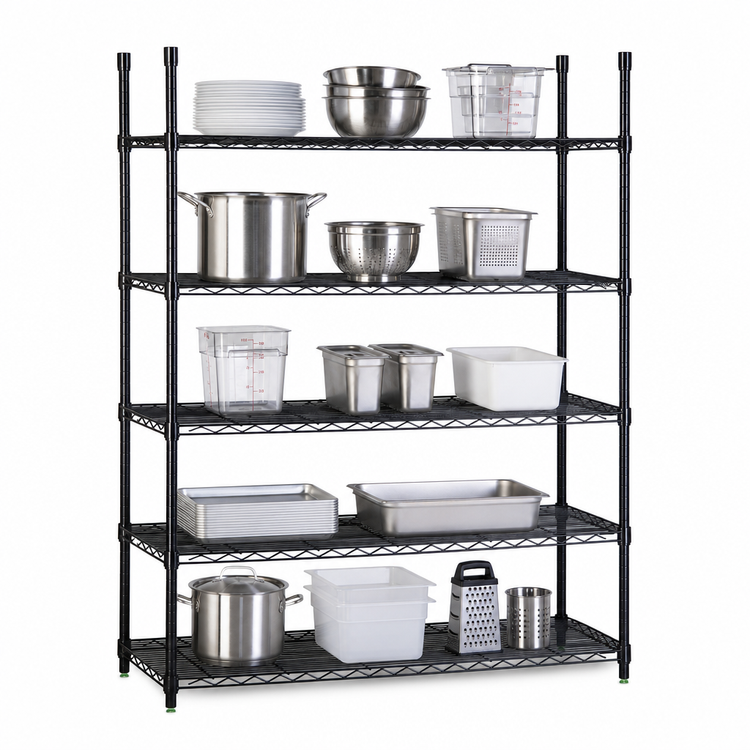 Product image #3 for Quantum Black Epoxy Antimicrobial Stationary Wire Shelving Starter Kit, 60"W x 24"D x 54"H, 5 Shelves