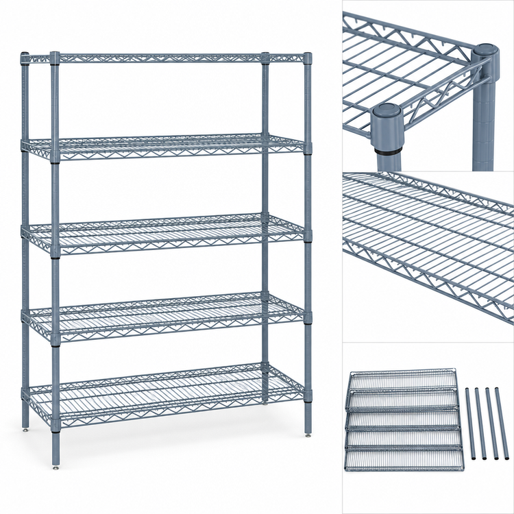 Product image #3 for Quantum Wire Shelving Starter Kit, 48"W x 36"D x 74"H, 5-Shelf Stationary Unit, Gray Epoxy Antimicrobial Finish