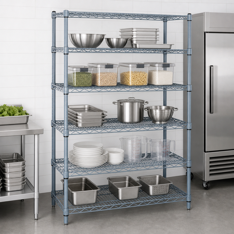 Product image #3 for Quantum Stationary Wire Shelving Starter Kit, 54-Inch Wide x 86-Inch High, 5 Shelves, Gray Epoxy Antimicrobial Finish