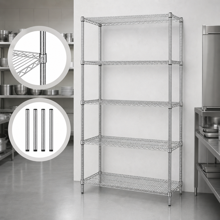 Product image #3 for Quantum 5-Shelf Stationary Wire Shelving Starter Kit, 60"W x 86"H, 304 Stainless Steel