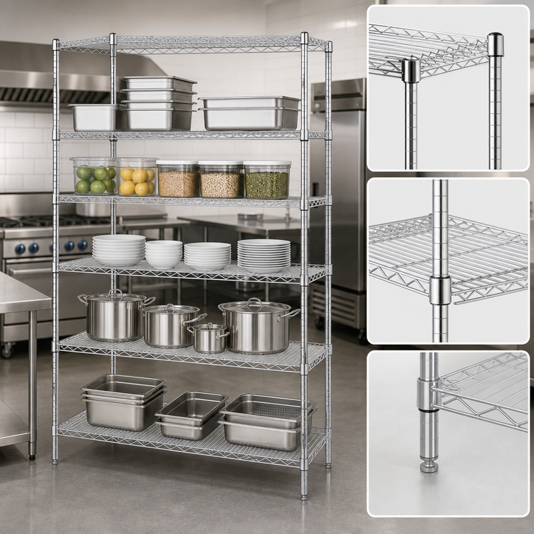Product image #3 for Quantum Stationary Wire Shelving Starter Kit, 60"W x 12"D x 86"H, 5 Shelves, Chrome Plated, 600-800 lb Capacity