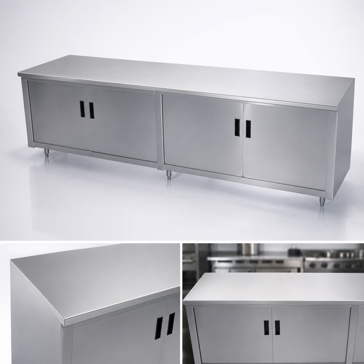 Product image #3 for Advance Tabco 96-Inch x 30-Inch Flat Top 14-Gauge 304 Stainless Steel Enclosed Work Table with Cabinet Base and Hinged Doors