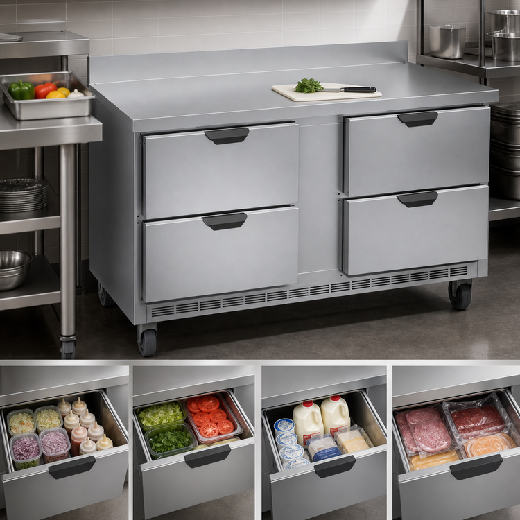 Product image #3 for Beverage-Air 60-Inch Two-Section Worktop Refrigerator with 4 Drawers