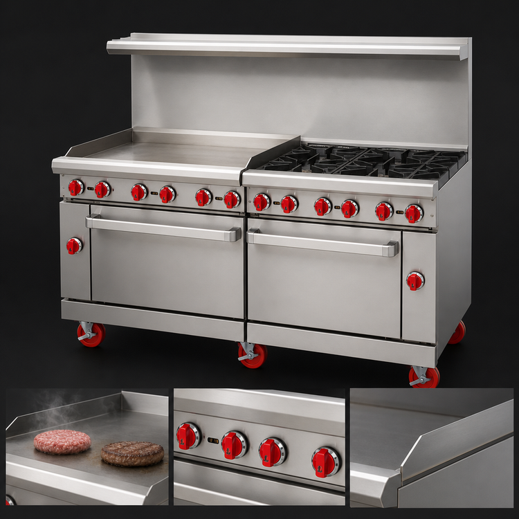 Product image #3 for American Range 72-Inch Gas Restaurant Range with 48-Inch Griddle, 4 Open Burners, Convection Oven, and Standard Oven