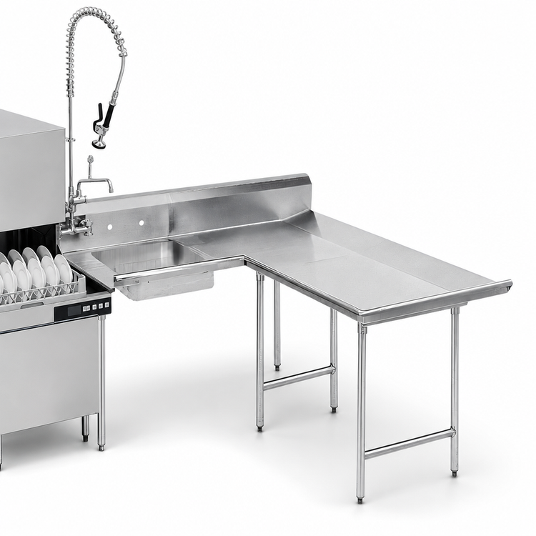 Product image #3 for Corner L-Shaped Right-Hand Dishlanding Soil Dishtable with Pre-Rinse Sink, 119-Inch, 14-Gauge 304 Stainless Steel