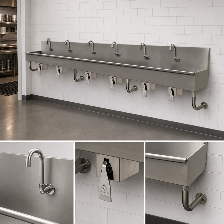 Product image #3 for Advance Tabco 6-Station Wall-Mounted Knee-Operated Multiwash Hand Sink