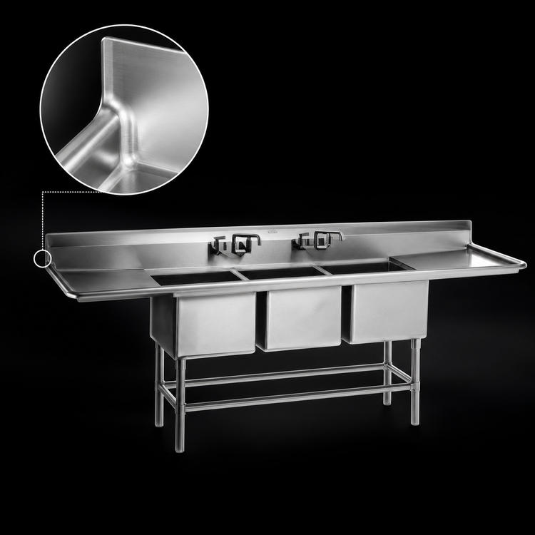 Product image #3 for Spec-Master FN Series Coved Corner Three-Compartment Sink with 24-Inch Right Drainboard, 91-1/2 Inch Wide, 14-Gauge 300-Series Stainless Steel