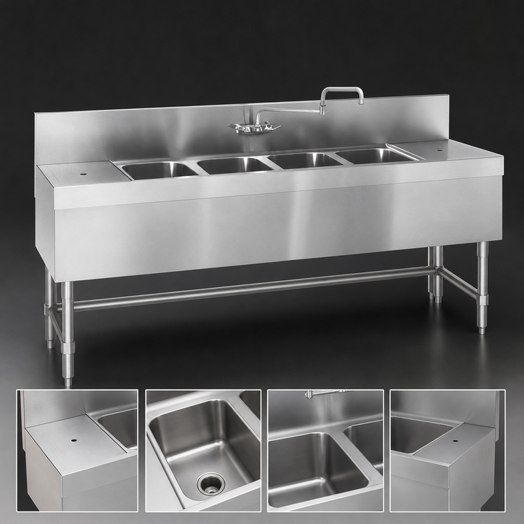 Product image #3 for Eagle Group Spec-Bar Four-Compartment Underbar Sink Unit with Left Drainboard, 72 Inch W x 24 Inch D