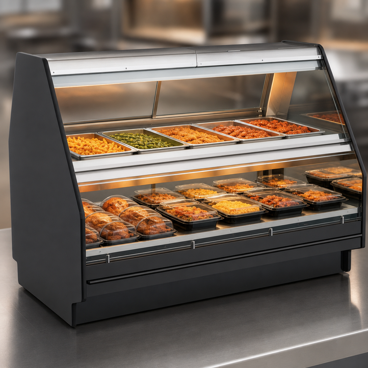 Product image #3 for Fusion Hot Over Hot Combination Food Display Case with Heated Deck Lower Display and Upper Full-Size Pan Section