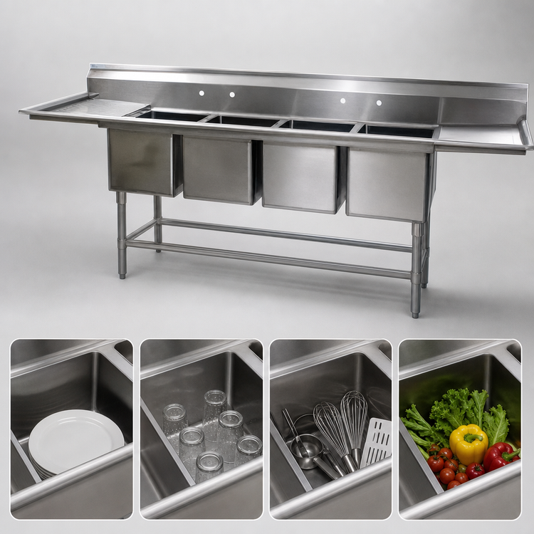Product image #3 for Eagle Spec-Master FN Series Coved Corner Four-Compartment Sink with 18-Inch Left-Hand Drainboard