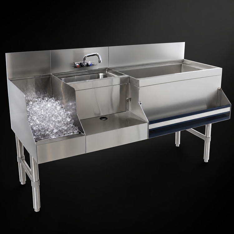 Product image #3 for Advance Tabco Prestige Uni-Serv 48-Inch Stainless Steel Underbar Speed Bar with Left Ice Bin, Sink, and Blender Recess