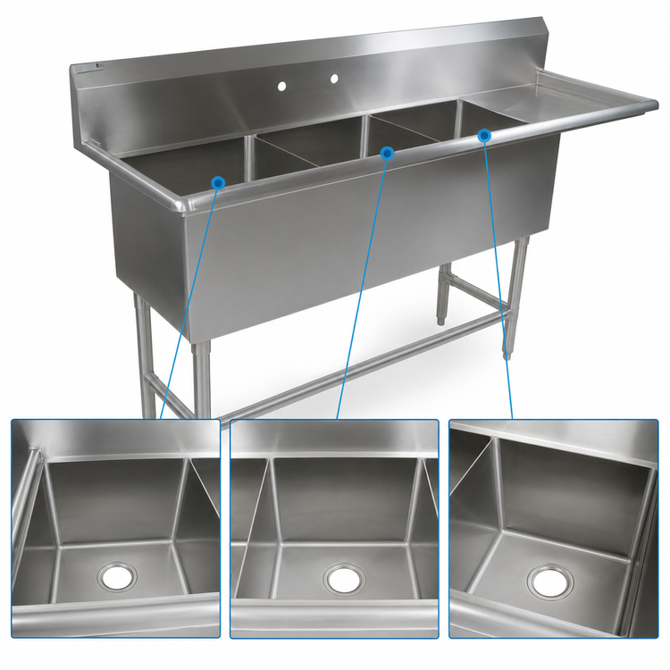 Product image #3 for John Boos Pro-Bowl 3-Compartment Sink with Right Drainboard, 20" x 20" x 12" Bowls, 14-Gauge Stainless Steel