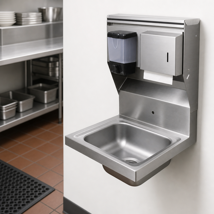 Product image #3 for BK Resources 14 x 10 Wall-Mount Hand Sink with Towel and Soap Dispensers, 1-Hole Splash Mount, 304 Stainless Steel