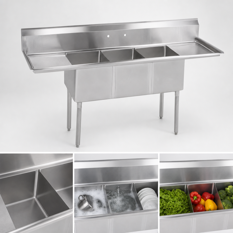 Product image #3 for John Boos E-Series 3-Compartment Stainless Steel Sink with Left and Right Drainboards, 66-Inch Wide
