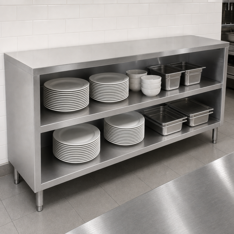 Product image #3 for John Boos 96-Inch Open Front Stainless Steel Dish Storage Cabinet with Fixed Mid-Shelf