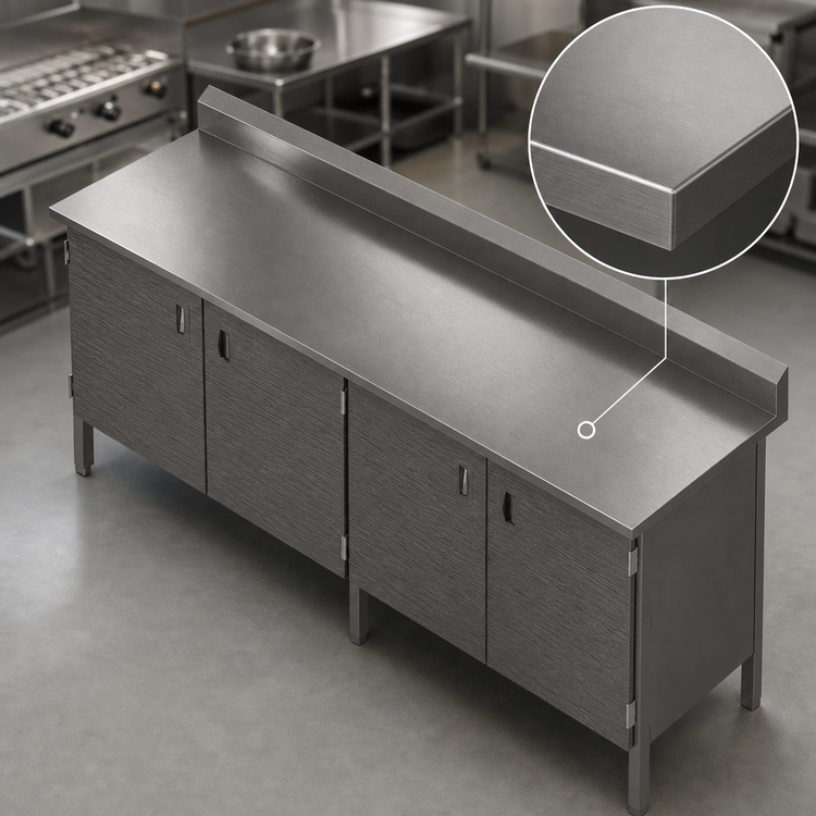 Product image #3 for Enclosed Base Stainless Steel Work Table with Hinged Doors, 120-Inch x 24-Inch, 5-Inch Backsplash
