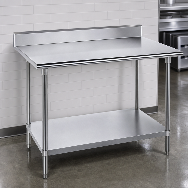 Product image #3 for Advance Tabco 120 Inch x 36 Inch 16 Gauge 430 Stainless Steel Work Table with 5 Inch Backsplash and Galvanized Undershelf
