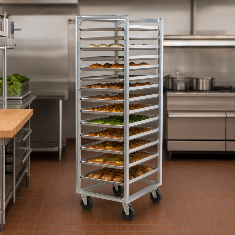 Product image #3 for Aluminum Fixed Angle Pan Rack for 18 Full-Size Trays with 5-Inch Casters