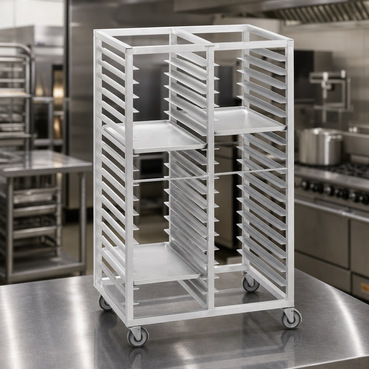 Product image #3 for Channel Manufacturing Standard Series Double Section Aluminum Cafeteria Tray Rack with 5-Inch Swivel Casters, 54-Tray Capacity, 18 x 26 Tray Size, 64-Inch Height (420A6)