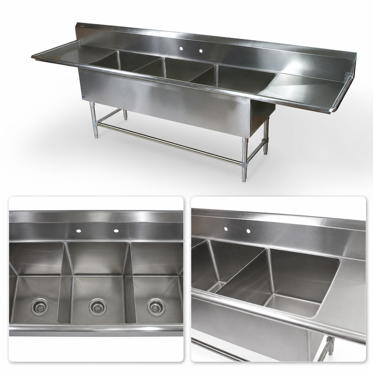 Product image #3 for John Boos Pro-Bowl 3-Compartment Stainless Steel Sink with Left and Right Drainboards, 18 x 18 x 12-Inch Bowls