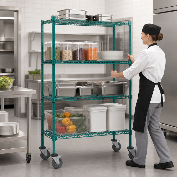 Product image #3 for Quantum 36 Inch Wide x 18 Inch Deep x 80 Inch High Mobile Wire Shelving Cart, 4 Shelves, Green Epoxy Coated