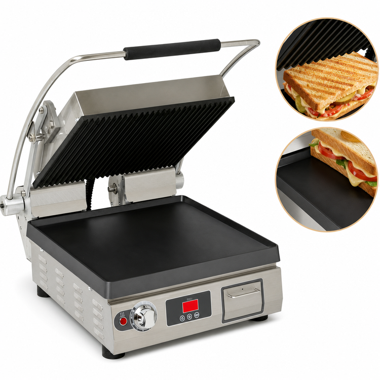 Product image #3 for Pro-Max 2.0 14.5" x 14.2" Countertop Panini Press / Sandwich Grill with Grooved Top and Smooth Bottom Cast Iron Plates