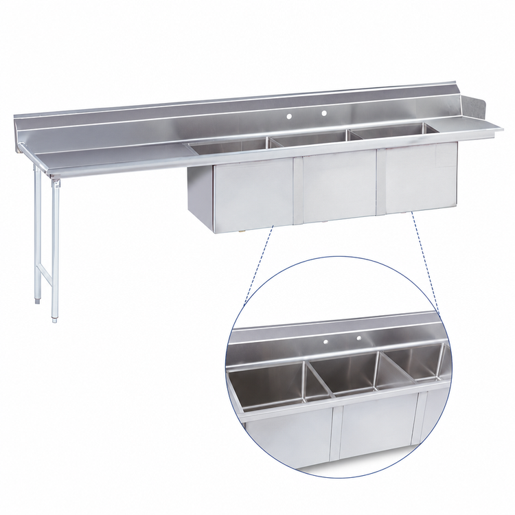 Product image #3 for Advance Tabco Left-Hand 3-Compartment Sink Table Dishtable with 18" x 24" Bowls, 119" Wide, 53" Left Drainboard