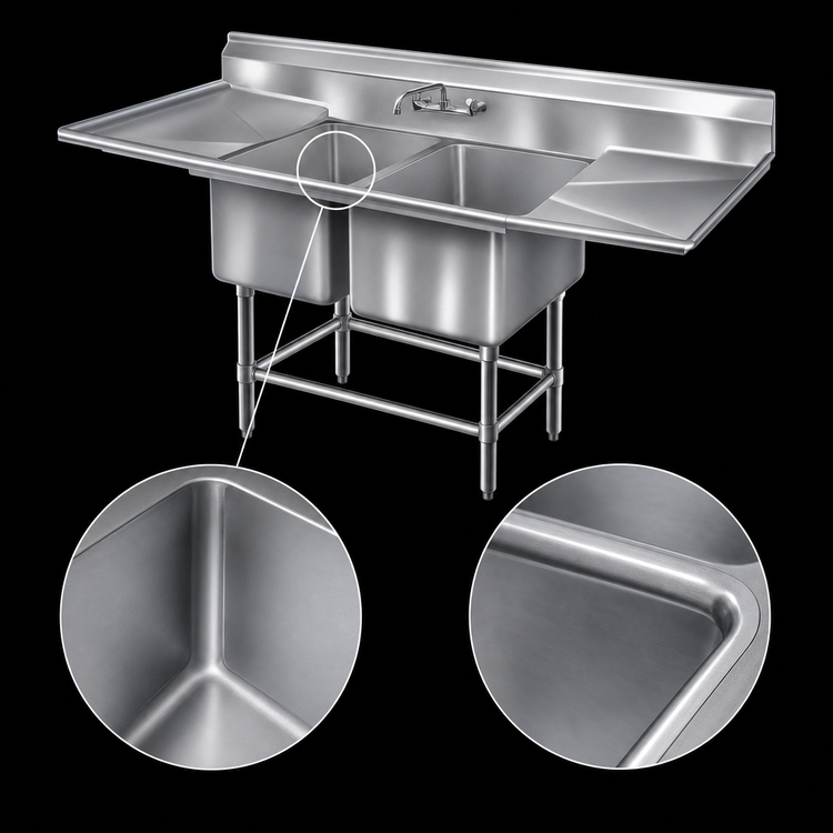 Product image #3 for Eagle Group Spec-Master FN Series Coved Corner Two-Compartment Sink with Left and Right 18-Inch Drainboards, 80 Inch W x 27 Inch D