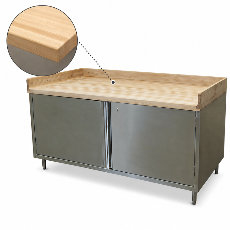 Product image #3 for BK Resources 72-Inch x 30-Inch Hard Maple Chef Table with Stainless Steel Cabinet Base and Hinged Doors