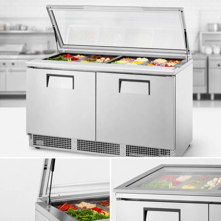 Product image #3 for True 64-Inch Two-Section Refrigerated Sandwich/Salad Prep Table with Flat Glass Lid and 24-Pan Top