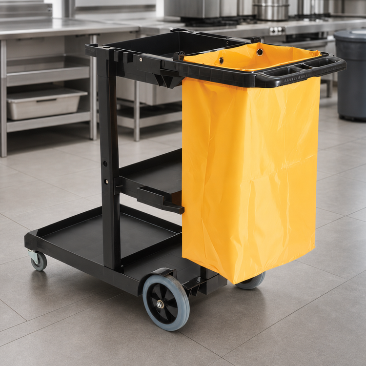 Product image #3 for Winco Janitorial Cart with 25-Gallon Nylon Bag and 3 Shelves, Black