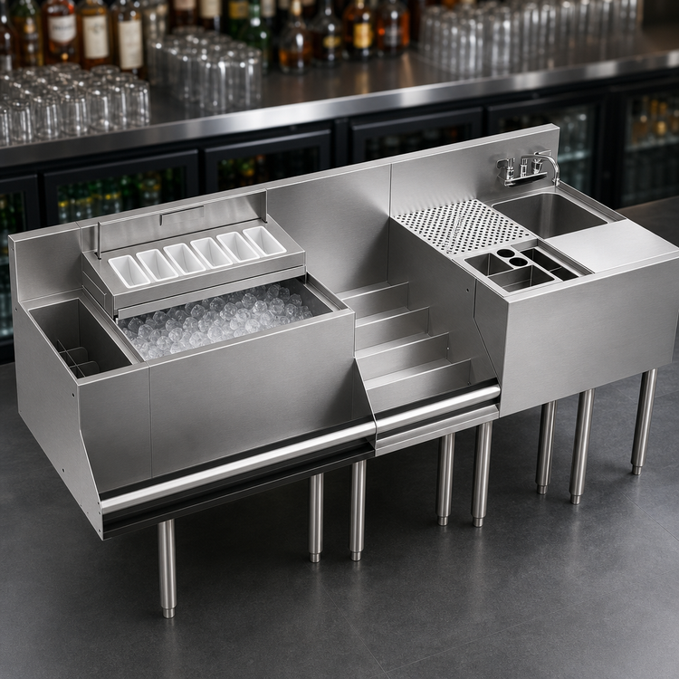 Product image #3 for Krowne Royal Series 72 Inch Stainless Steel Underbar Workstation with 24 Inch Ice Bin, 10-Circuit Cold Plate and Dump Sink