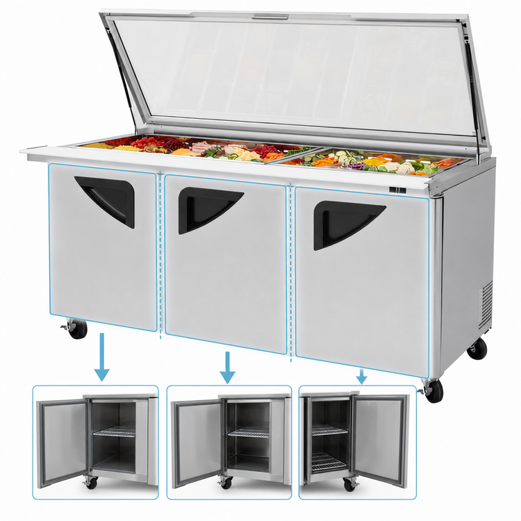 Product image #3 for Turbo Air Super Deluxe Three-Section Mega Top Refrigerated Sandwich/Salad Prep Table with Glass Lids, 30-Pan