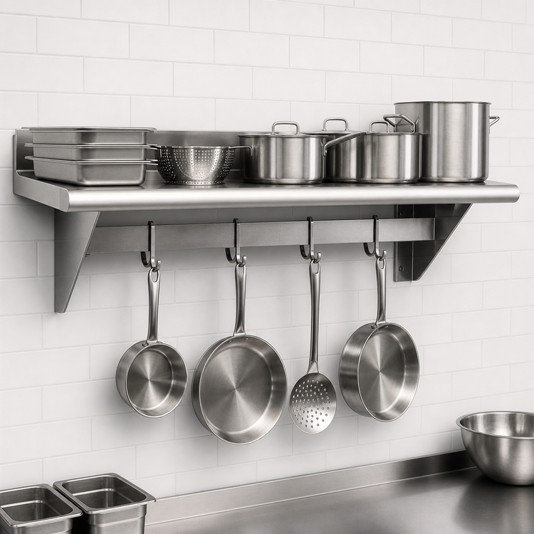 Product image #3 for 48 Inch Stainless Steel Wall Shelf with Pot Rack, Hooks, and Brackets