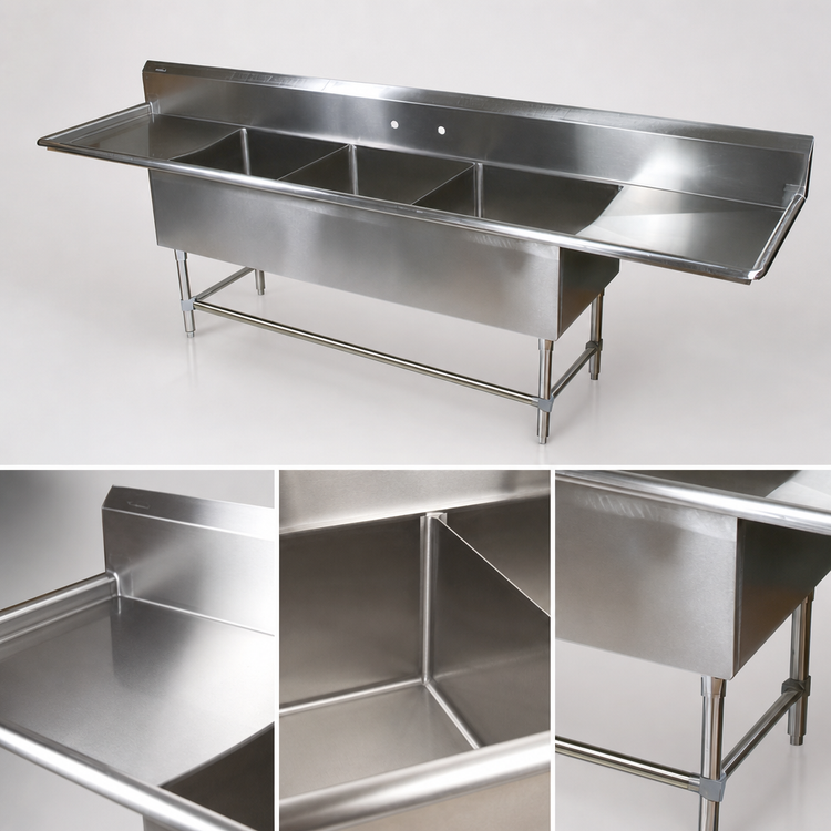 Product image #3 for John Boos Pro-Bowl 3-Compartment Sink with Left and Right Drainboards, 20 x 20 x 12-Inch Bowls, 16-Gauge Type 300 Stainless Steel