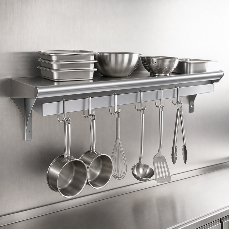 Product image #3 for Advance Tabco Wall-Mounted Shelf with Pot Rack, 120 Inch Wide x 12 Inch Deep, Stainless Steel