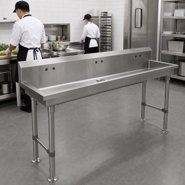 Product image #3 for John Boos Freestanding Multi-Station Hand Wash Sink, 80-Inch x 19-5/8-Inch, 4 Sets of 4-Inch Faucet Holes