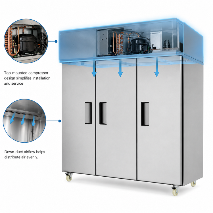 Product image #3 for Atosa MBF8006GR Three-Section Top-Mount Reach-In Refrigerator, 64.9 Cu. Ft., Stainless Steel