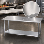 Thumbnail image #3 for Duke Manufacturing 316-30120 120-Inch x 30-Inch Stainless Steel Work Table with Galvanized Undershelf, Flat Top, 16-Gauge 300 Series Top