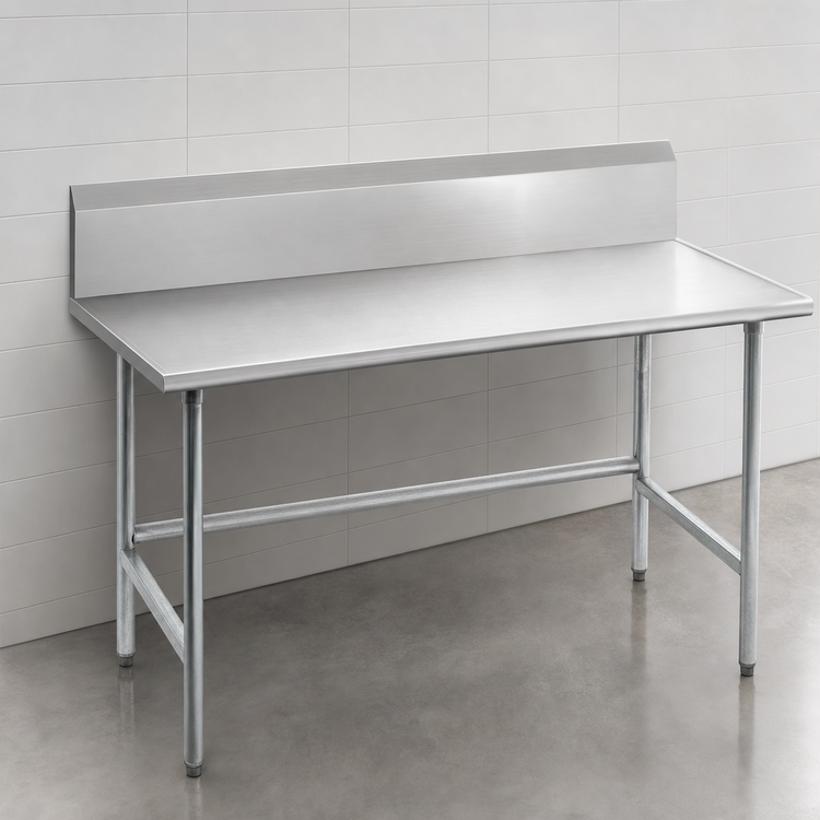 Product image #3 for Advance Tabco 108-Inch x 36-Inch 14 Gauge 304 Stainless Steel Work Table with No-Drip Edge and 10-Inch Backsplash, Galvanized Open Base