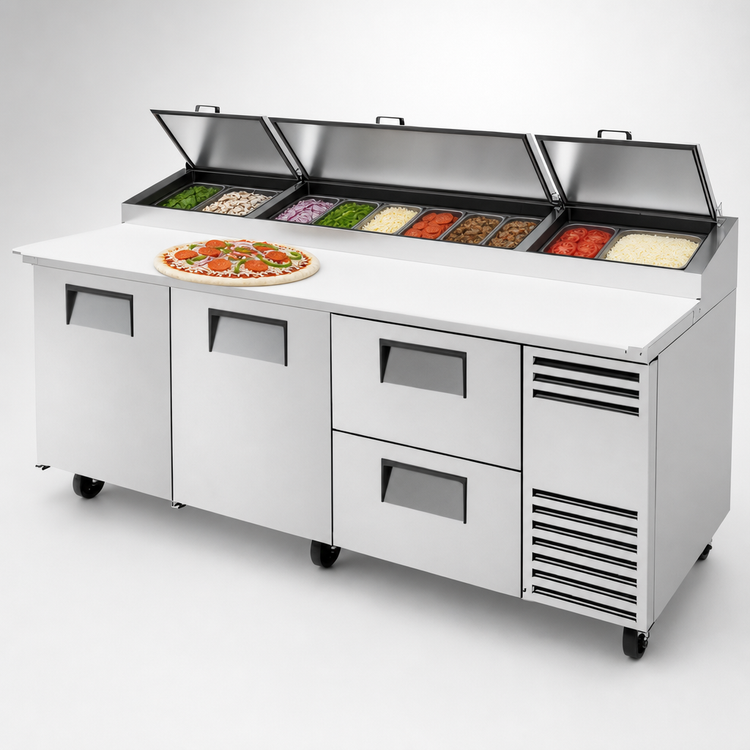 Product image #3 for True 93.5-Inch 2-Section Pizza Prep Table with 2 Drawers, 2 Doors, and White Poly Cutting Board