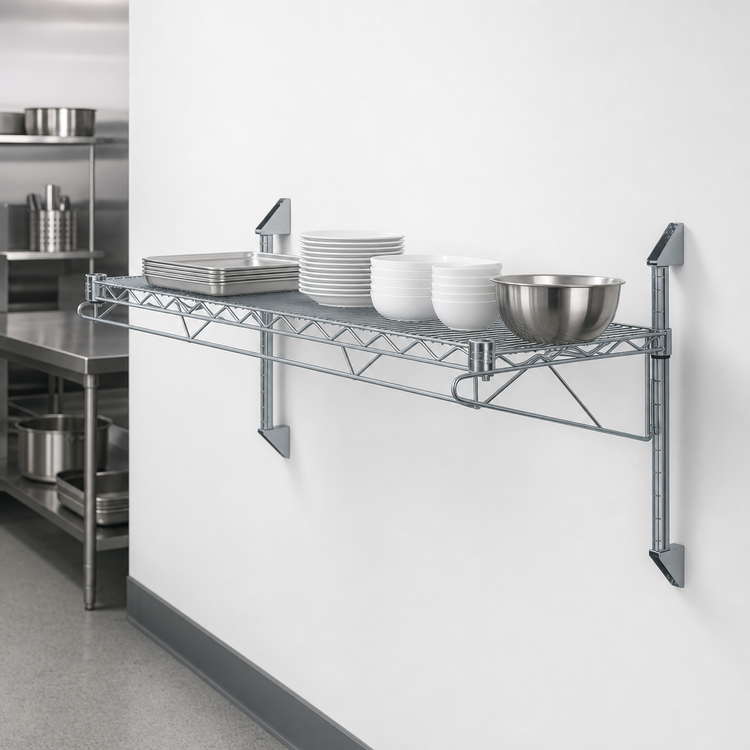 Product image #3 for Quantum Cantilever Single-Shelf Wall-Mount Wire Shelving Unit, 48 x 24 Inches, Gray Epoxy Antimicrobial Finish