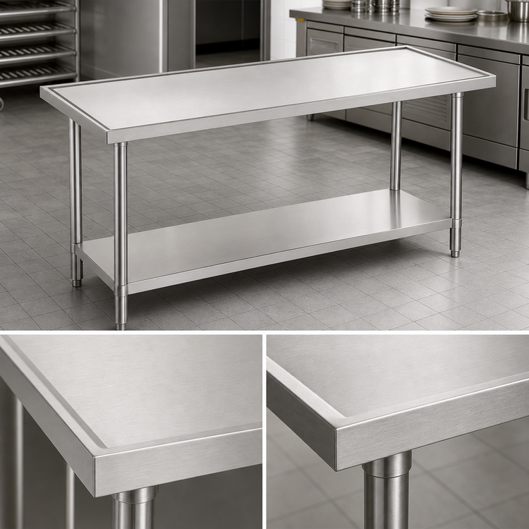 Product image #3 for Advance Tabco 120-Inch x 30-Inch 14-Gauge 304 Stainless Steel Flat Top Work Table with Adjustable Undershelf