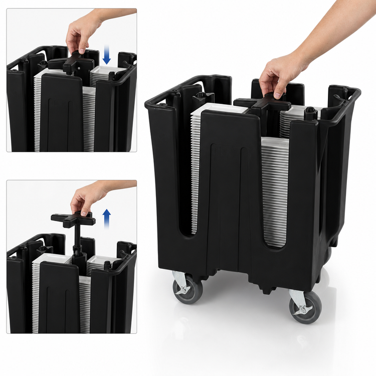 Product image #3 for Vollrath Traex Adjustable 4-Stack Dish Caddy Dolly for 8-1/2" to 9-1/2" Round Plates/Bowls, Black