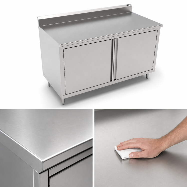 Product image #3 for John Boos Enclosed Work Table Cabinet Base with Hinged Doors, 48 x 30 Inches, 14-Gauge Stainless Steel Top, 5-Inch Backsplash