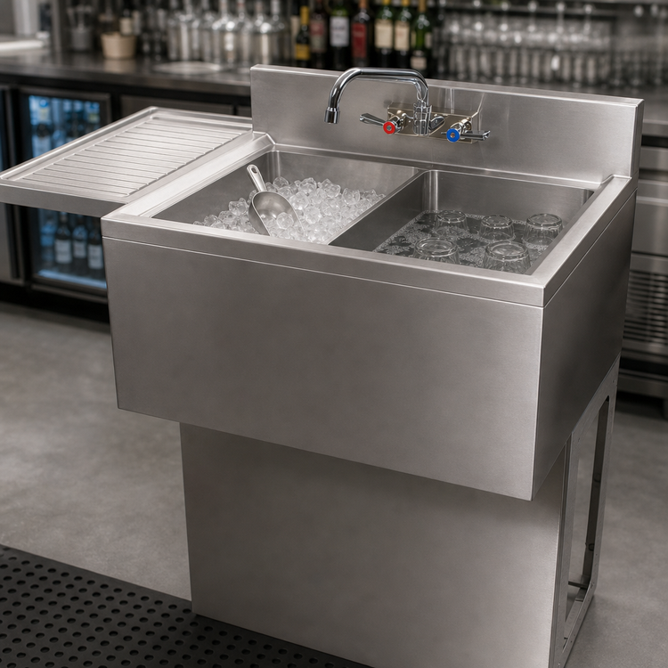 Product image #3 for BK Resources Slim-Line 36-Inch Two-Compartment Underbar Sink with Left Drainboard and Faucet